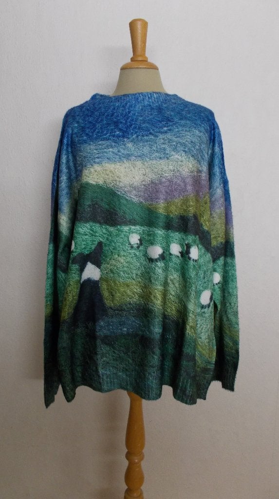 Grappige trui met bordercollie schapen landschap print! XXL, Verzenden, Nieuw, Maat 46/48 (XL) of groter, Meerkleurig