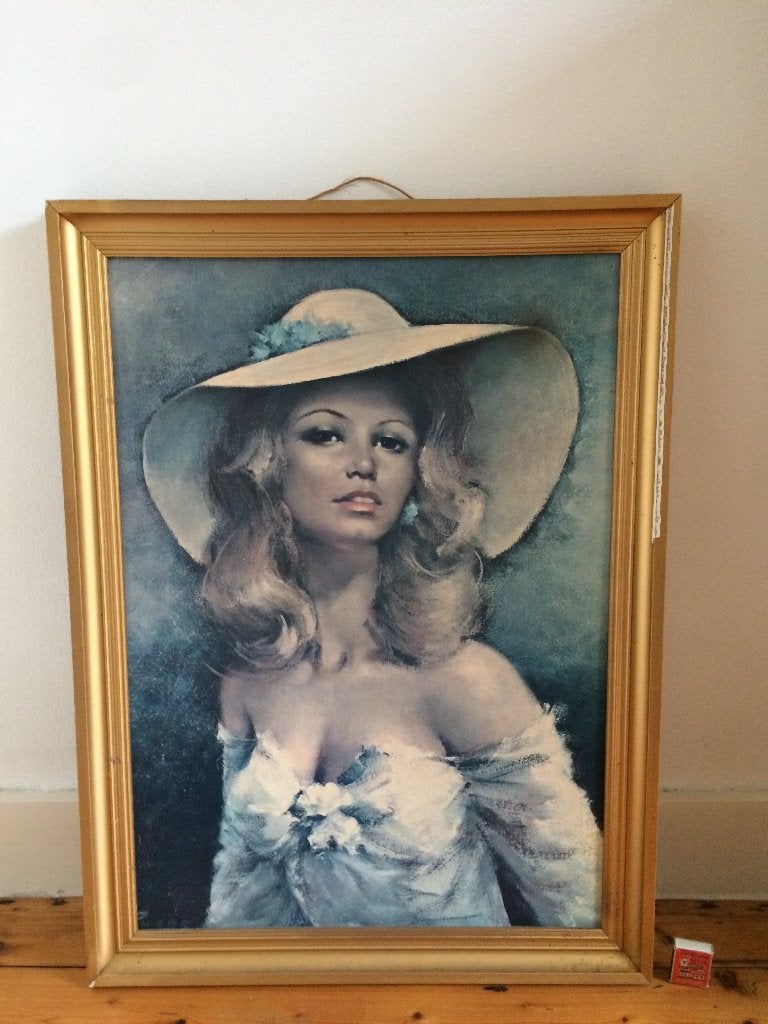 Wulpse dame Farrah Fawcett blonde lokken slappe hoed ‘80, Gebruikt, Ophalen of Verzenden, Schilderij, 75 – 100