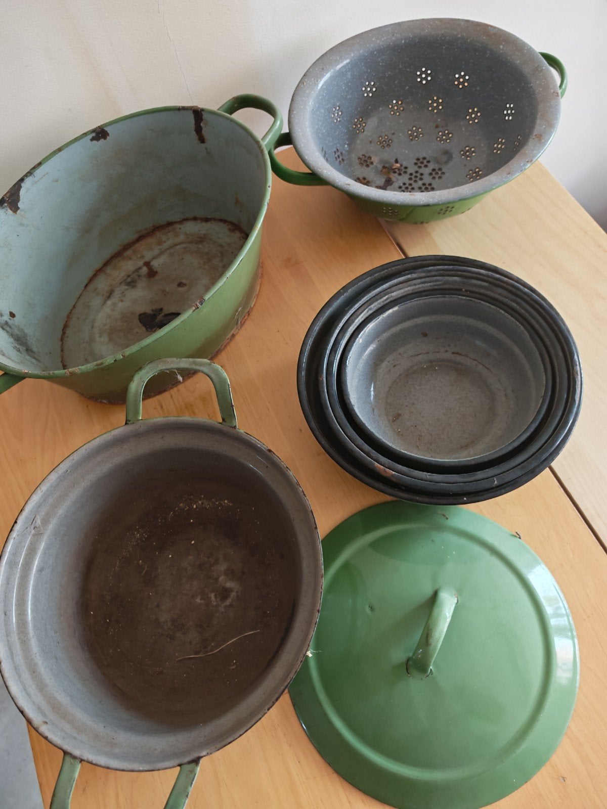 Vintage geëmailleerde pannen en vergiet - Groen, Antiek en Kunst, Ophalen