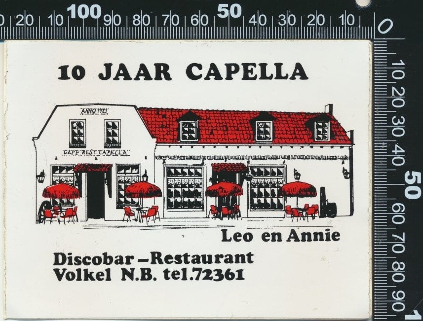 Sticker: Discobar Restaurant Capella - 10 Jaar - Volkel, Ophalen of Verzenden, Zo goed als nieuw, Bedrijf of Vereniging