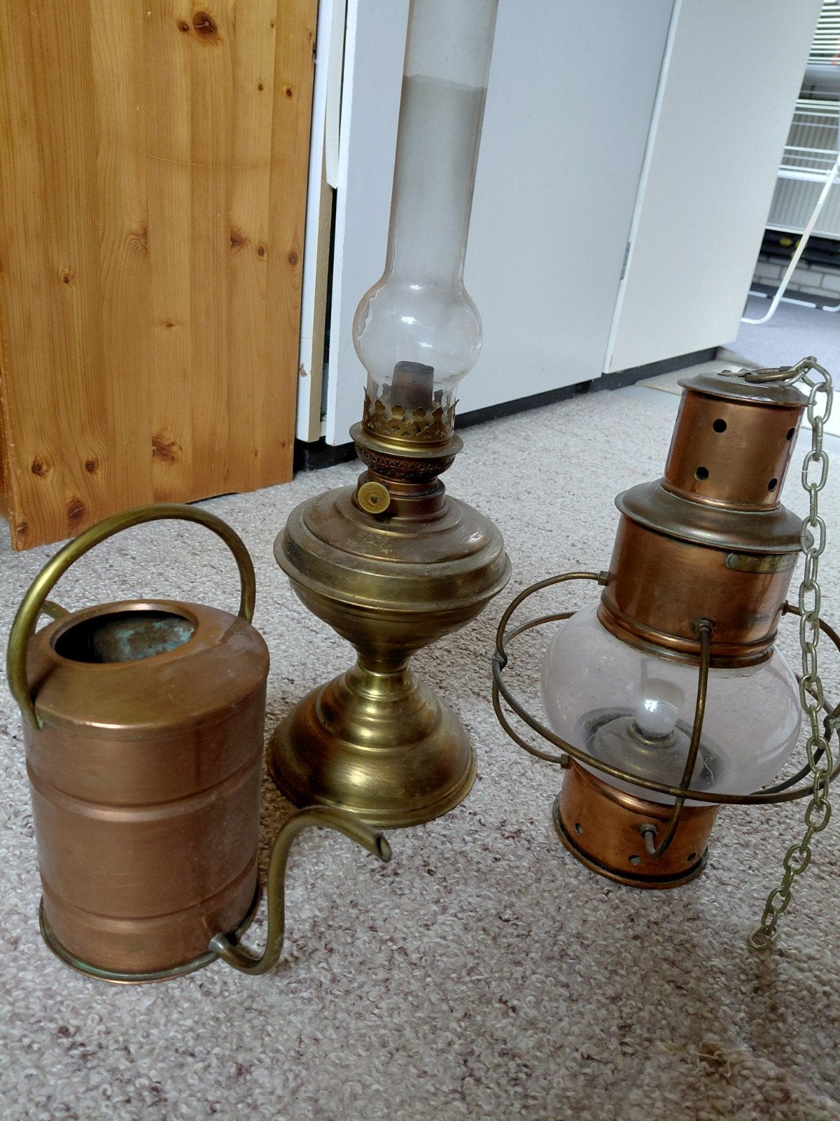 Koperen petroleumlamp, oude scheepslamp, bloemengieter, Ophalen of Verzenden