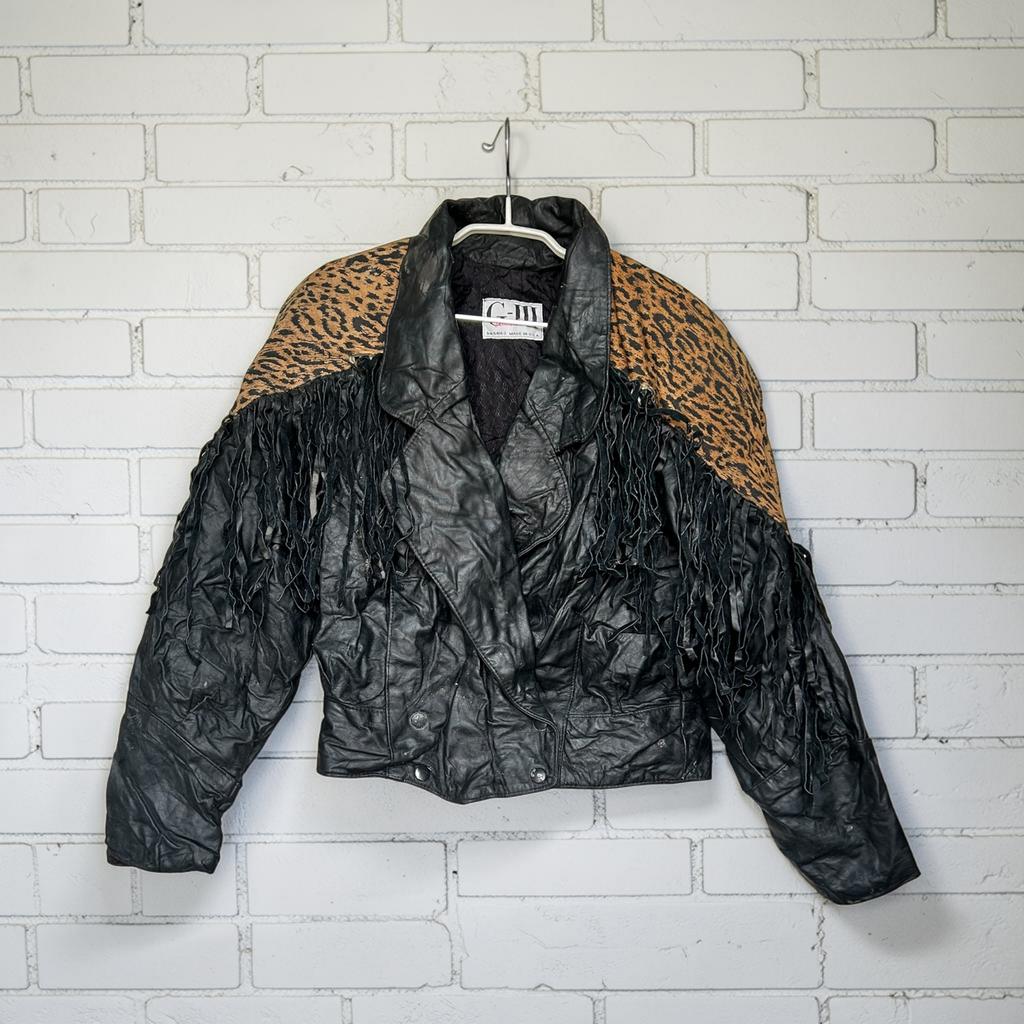 Vintage Jas M Zwart Bruin Leer Panter Moto Style Jacket 80s, Maat 38/40 (M), Zwart, Ophalen of Verzenden, V