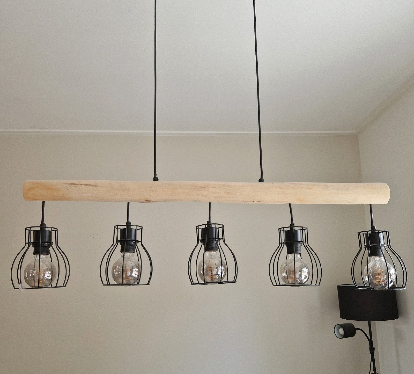 5 lampen met rond hout, inclusief bollen, Ophalen of Verzenden, Gebruikt, Hout, Industrieel, Landelijk