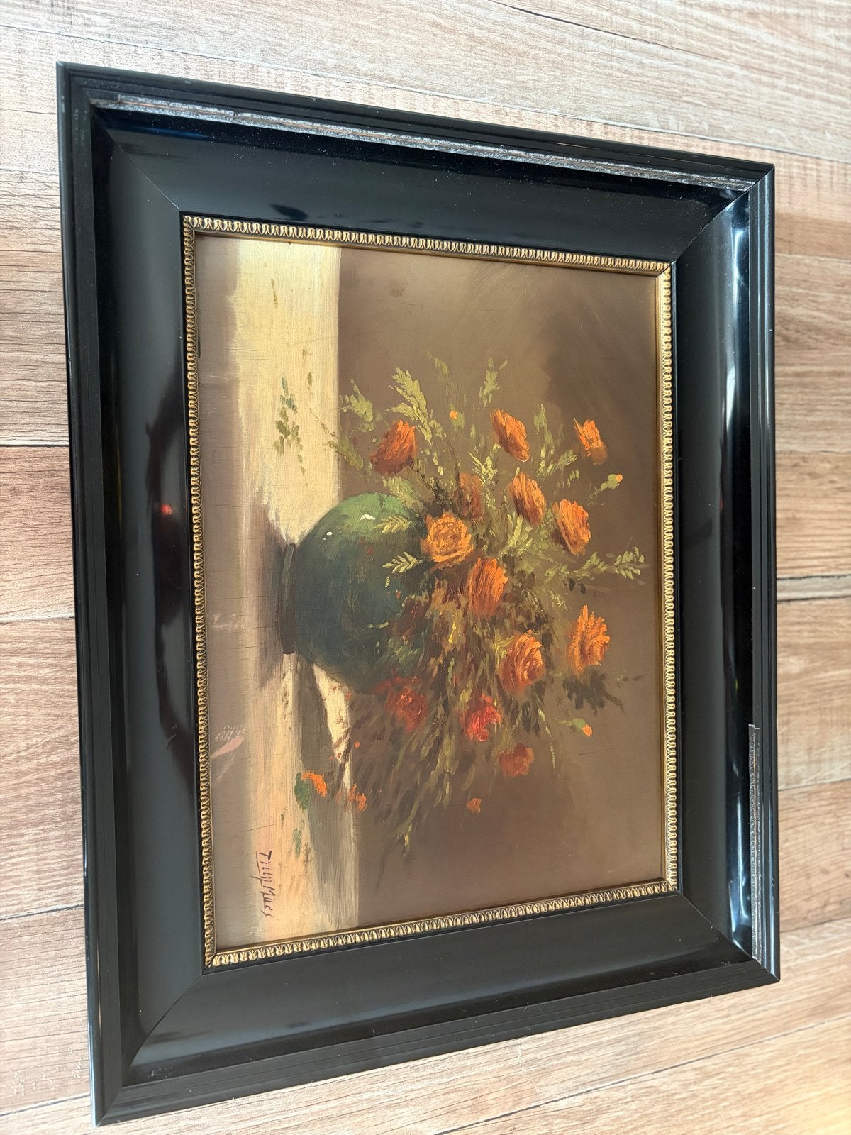Schilderij met bloemen in vaas, gesigneerd, Paneel, Gesigneerd, Olieverf, Klassiek