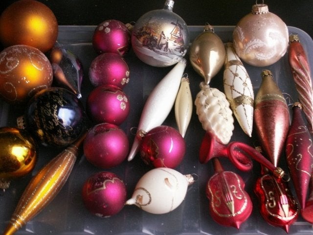 27 oude glazen kerstballen in div kleuren + vormen rood goud, Ophalen of Verzenden, Zo goed als nieuw