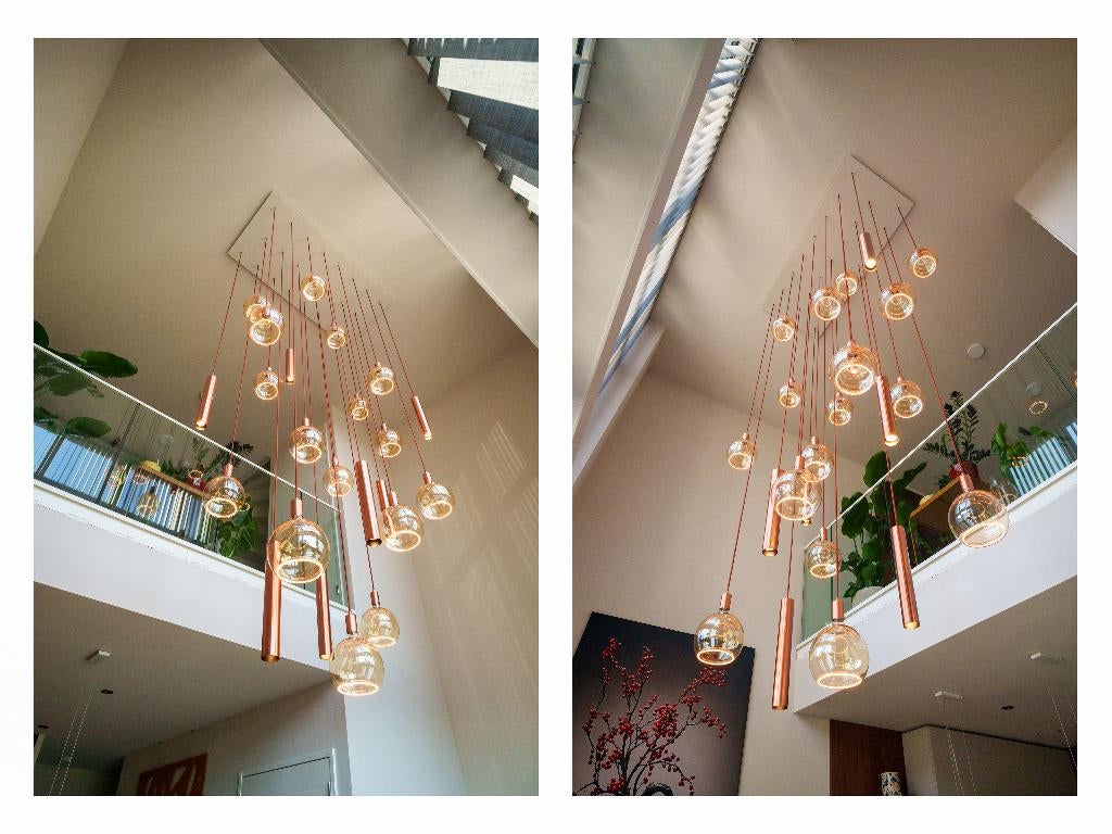 Exclusieve maatwerk design hanglamp koper & glas voor vide, Ophalen, Gemaakte design hanglamp, Zo goed als nieuw, Glas