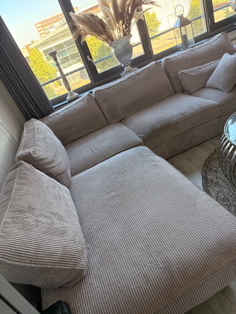 Hoekbank grijs ribstof gratis 4 stoelen en salontafel, Huis en Inrichting, Ophalen, 250 tot 300 cm, Ribstof licht grijs, Hoekbank