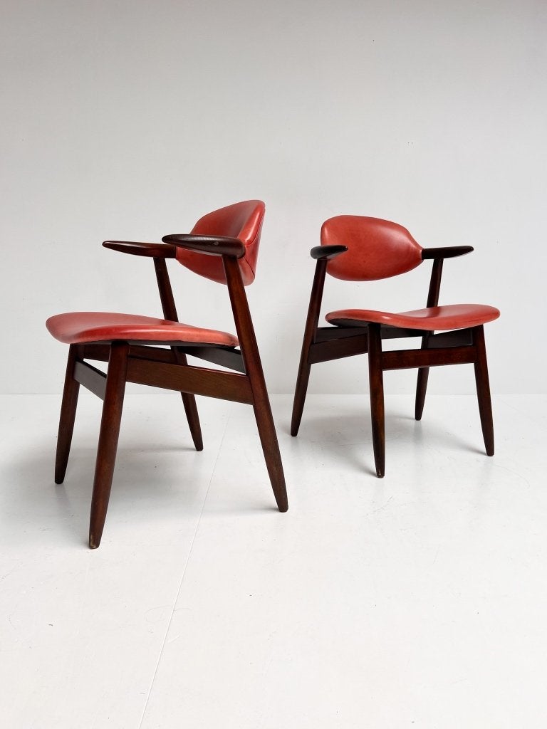 Roodkleurige lederen cowhorn chair, 1970’s, Gebruikt, Minder dan 75 cm, Vintage, Ophalen of Verzenden