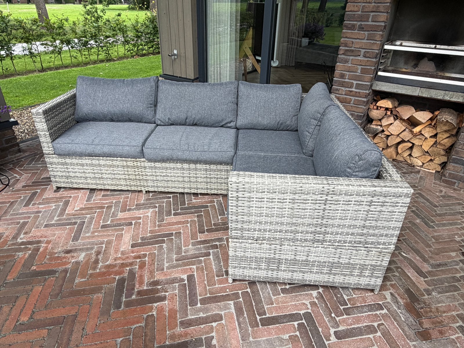 Beschikbaar! Rotan - Wicker lounge Hoek + Kussens - Grijs, Ophalen, 4 zitplaatsen, Gebruikt, Loungeset