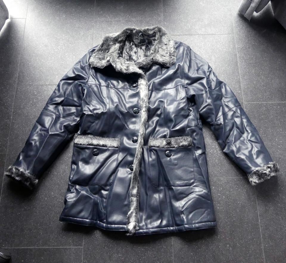 Vintage damesjas winterjas imitatieleer blauw maat 42, Ophalen of Verzenden, Gedragen, Maat 42/44 (L), Blauw