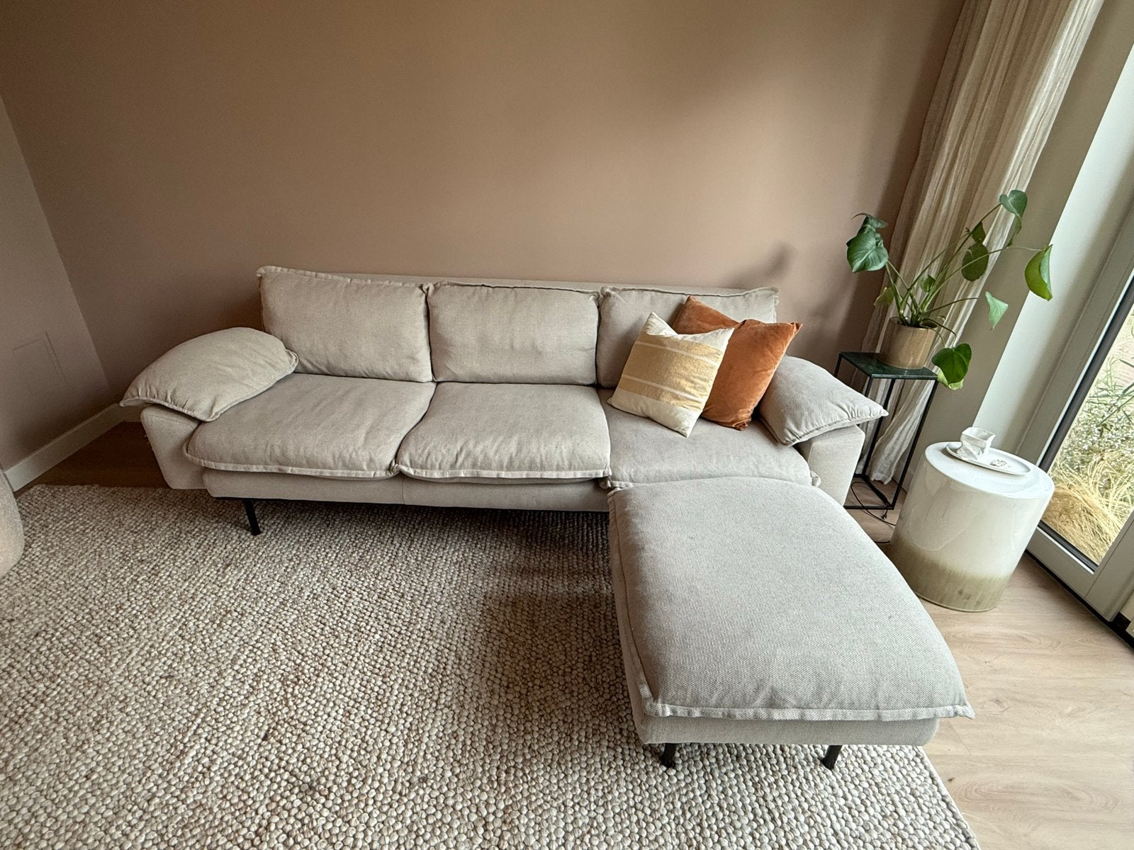 HK living Beige Bank 3-zits 4-zits + Hocker  | Hoekbank, Hoekbank, 75 tot 100 cm, Ophalen of Verzenden, Zo goed als nieuw