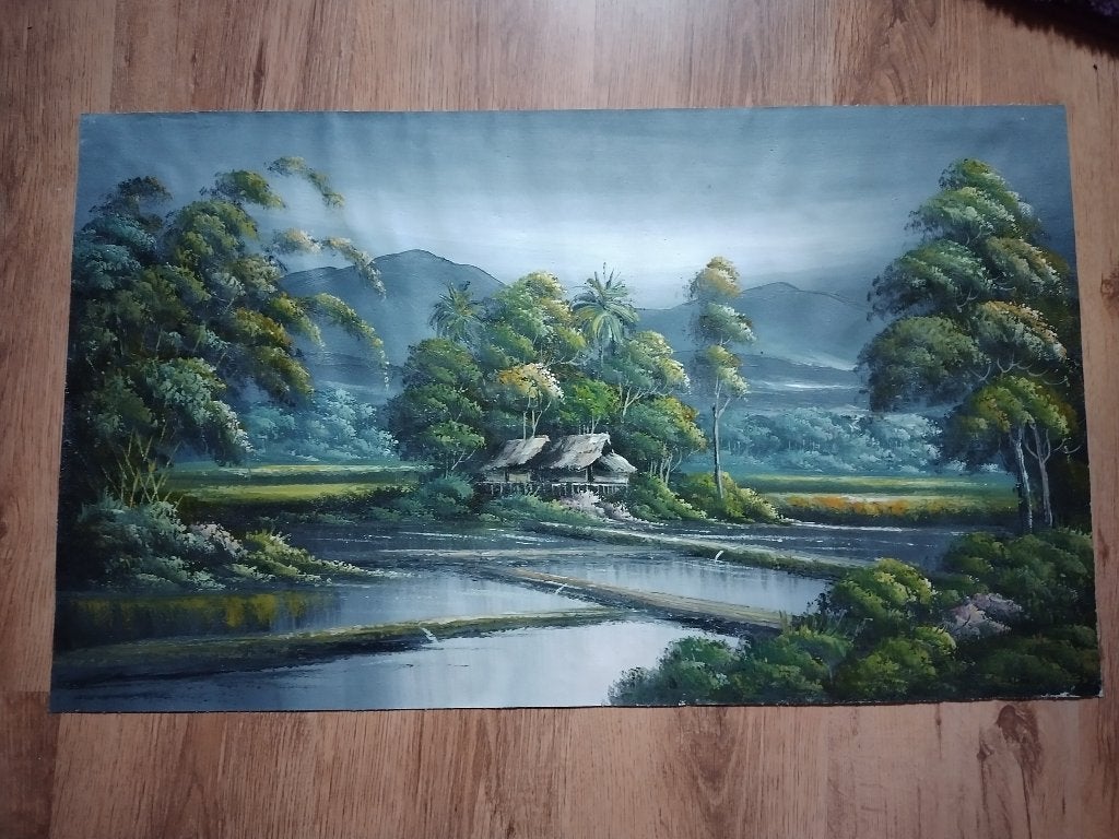 Indonesie Landschap origineel schilderij op canvas, Antiek en Kunst, Ophalen of Verzenden, Landschap, Doek