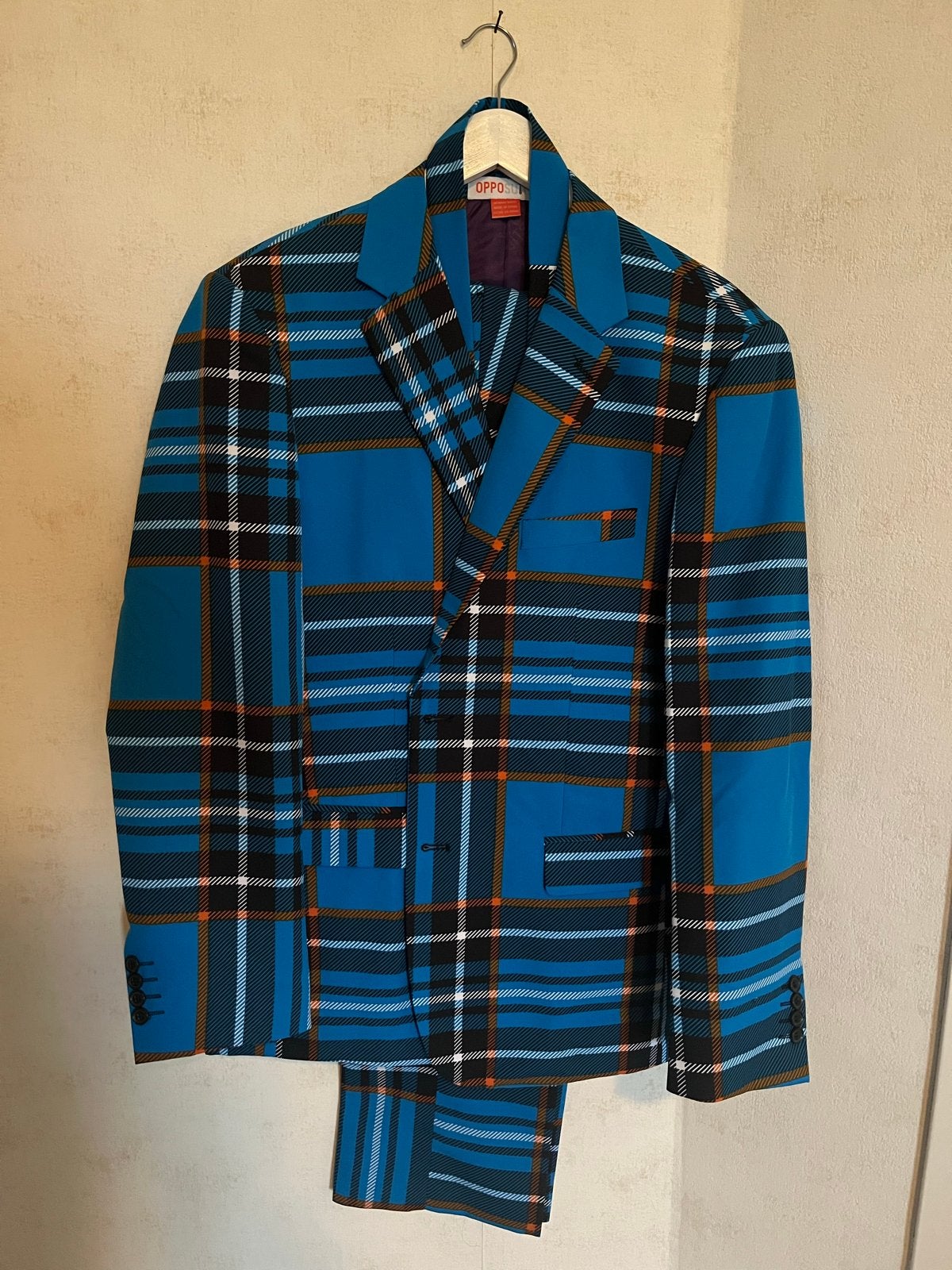 Opvallend geruit herenpak - Blauw, zwart, oranje, Ophalen of Verzenden, Zo goed als nieuw, Overige maten, Blauw