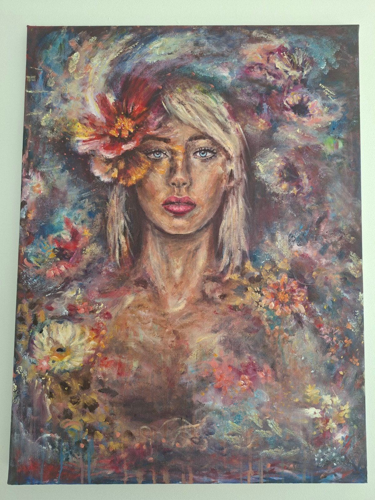 Schilderij Vrouw met Bloemen, Ophalen of Verzenden, Op houten frame, Olieverf, Portret