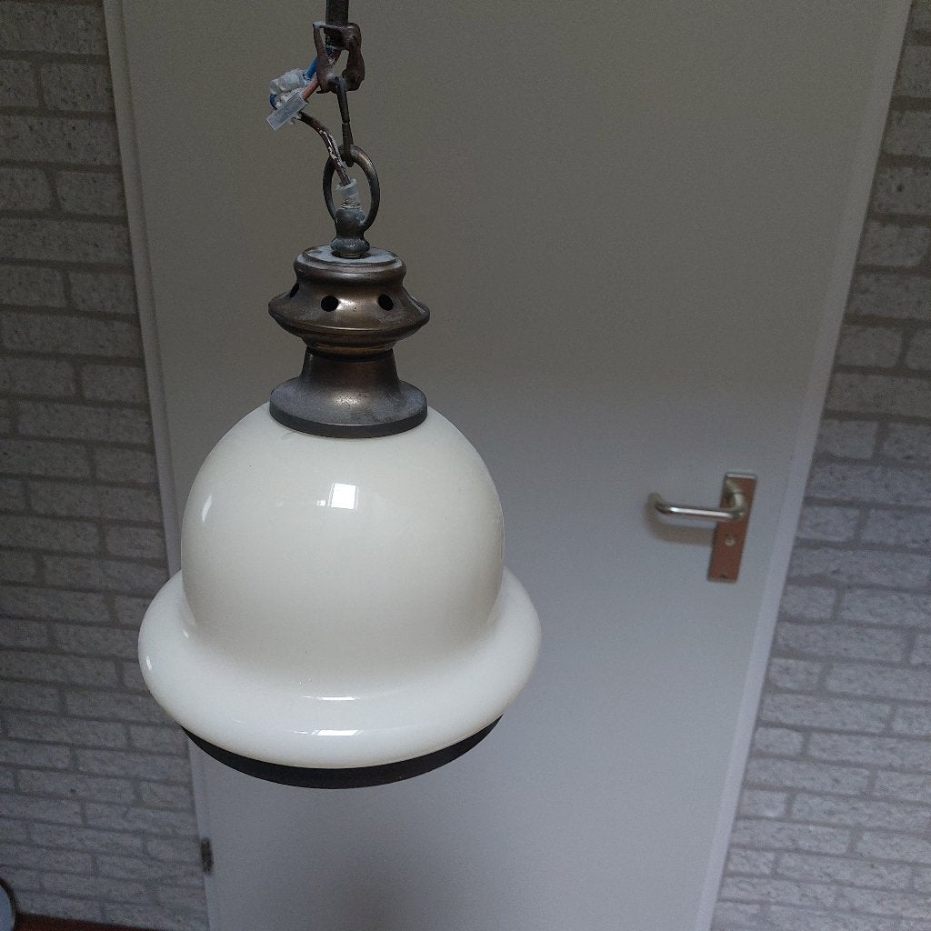 Vintage Hanglamp Brons / Melkglas, Ophalen, Zo goed als nieuw, Glas