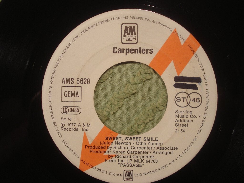 Carpenters 7" Vinyl Single: ‘Sweet, sweet smile’ (D) promo, Ophalen of Verzenden, Zo goed als nieuw, 7 inch, Pop