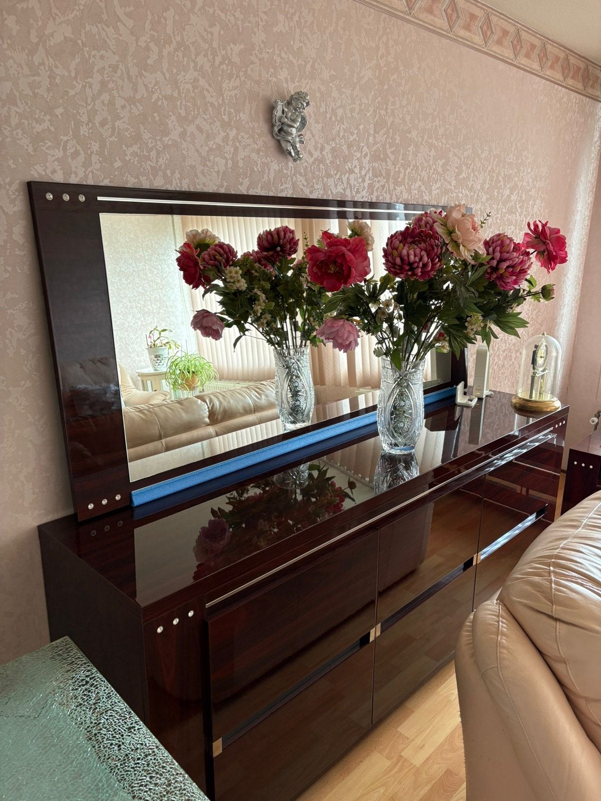 Luxe dressoir met spiegel - Hoogglans bruin, Huis en Inrichting, Ophalen, 100 tot 150 cm, 150 tot 200 cm, Zo goed als nieuw
