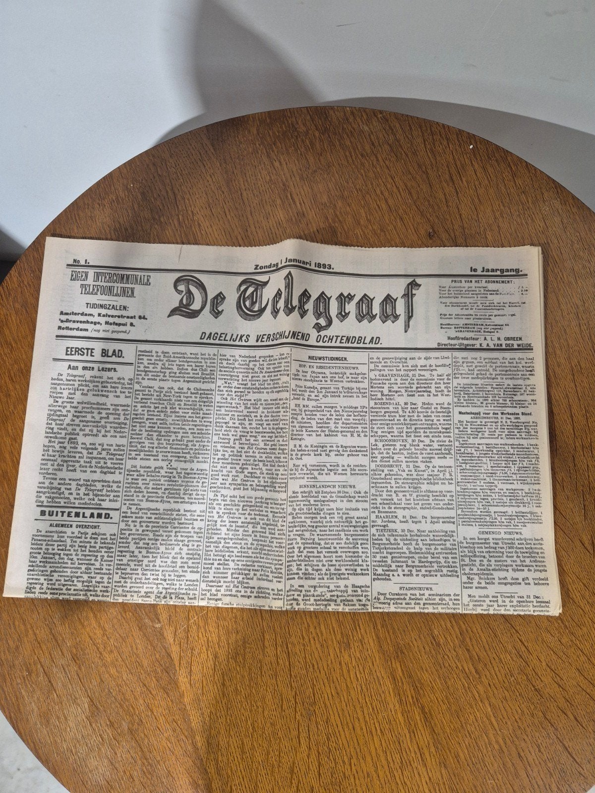 Telegraaf 1 januari 1893 krant, Boeken, Tijdschriften en Kranten, Ophalen of Verzenden, Zo goed als nieuw, Krant