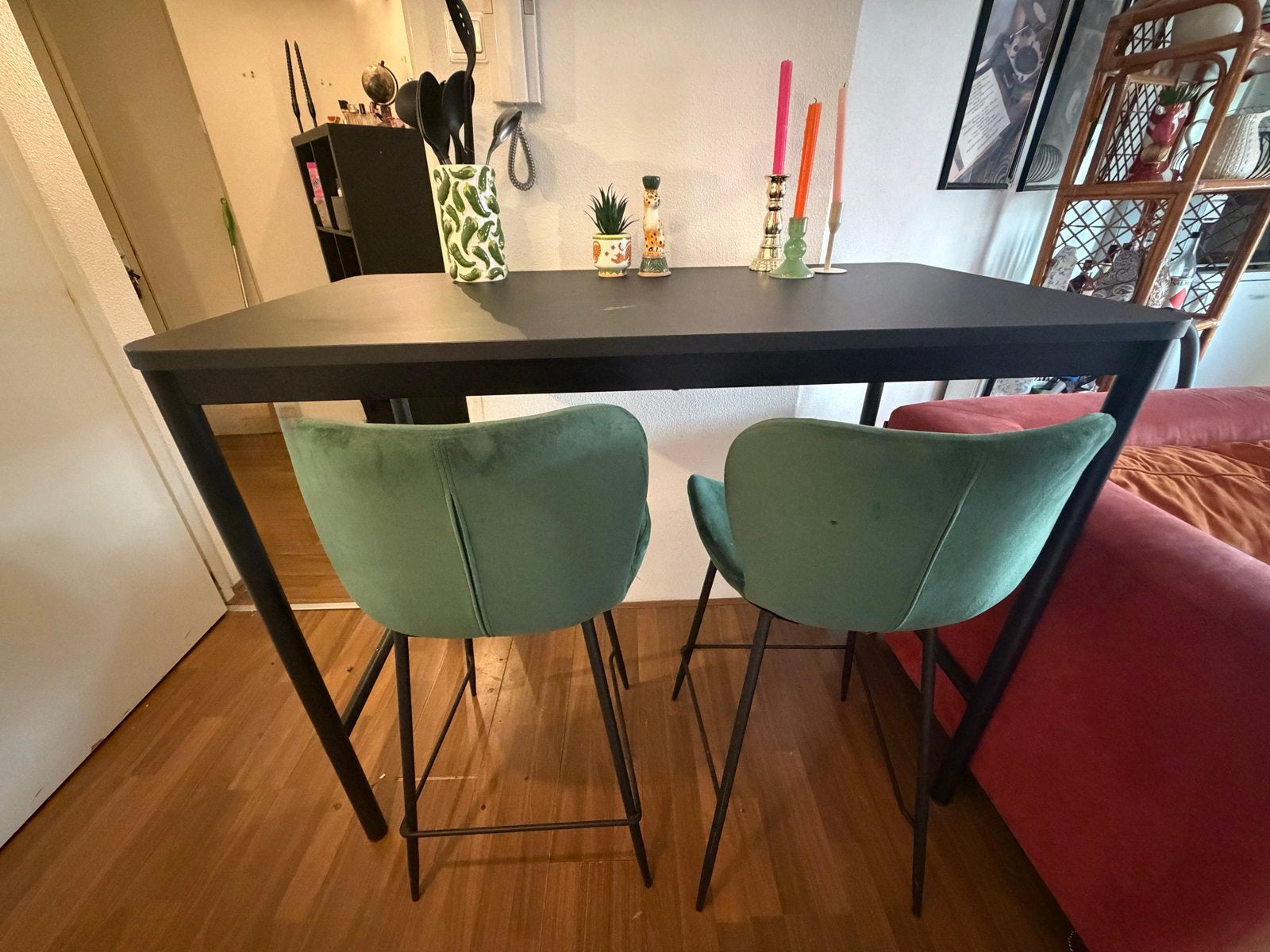 Bar tafel met EVT 4 velvet groene barkrukken, Ophalen, Gebruikt, 50 tot 100 cm, 100 tot 150 cm