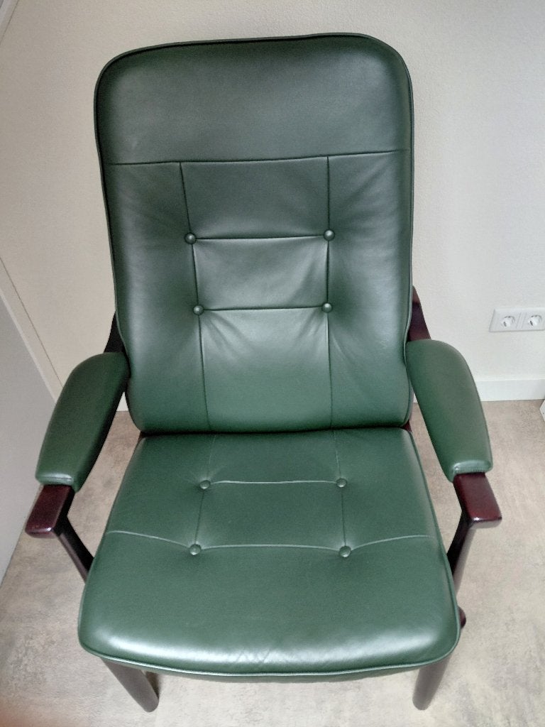 2 FARSTRUP DEENSE RELAX FAUTEUILS GROEN LEER EN NOTENHOUT, Huis en Inrichting, Fauteuils, Ophalen, Gebruikt, Minder dan 75 cm