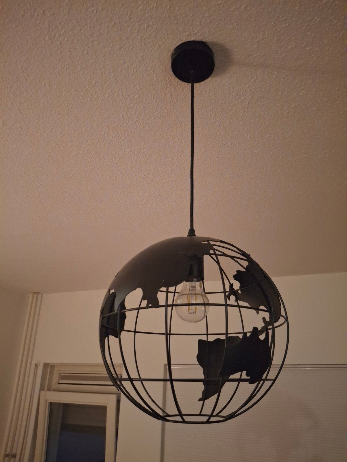 Hanglamp wereldbol zwart metaal, Ophalen, Gebruikt, E27 (groot), Metaal