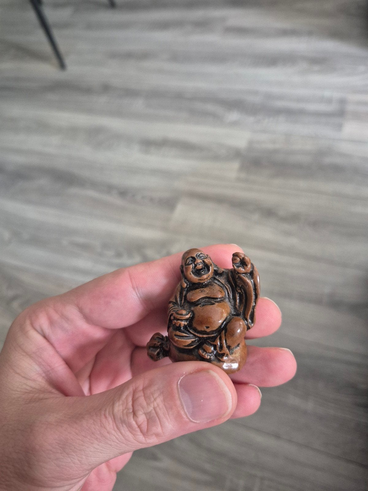 Kleine lachende Boeddha van hout, Gebruikt, Ophalen of Verzenden, Handgemaakt, Hout