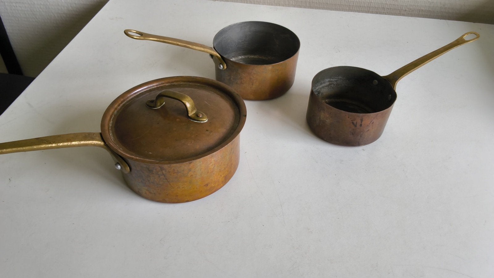 3 oude koperen steelpannen, Ophalen of Verzenden