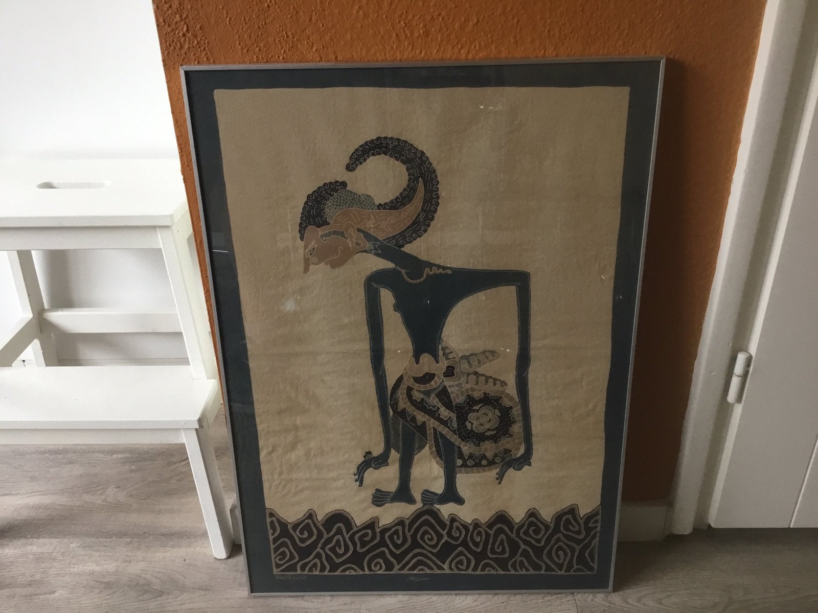 Ingelijste Batik: Arjuna, Batiktuiis - Indonesische kunst, Wanddecoratie, Textiel, Handgemaakt, Ophalen of Verzenden