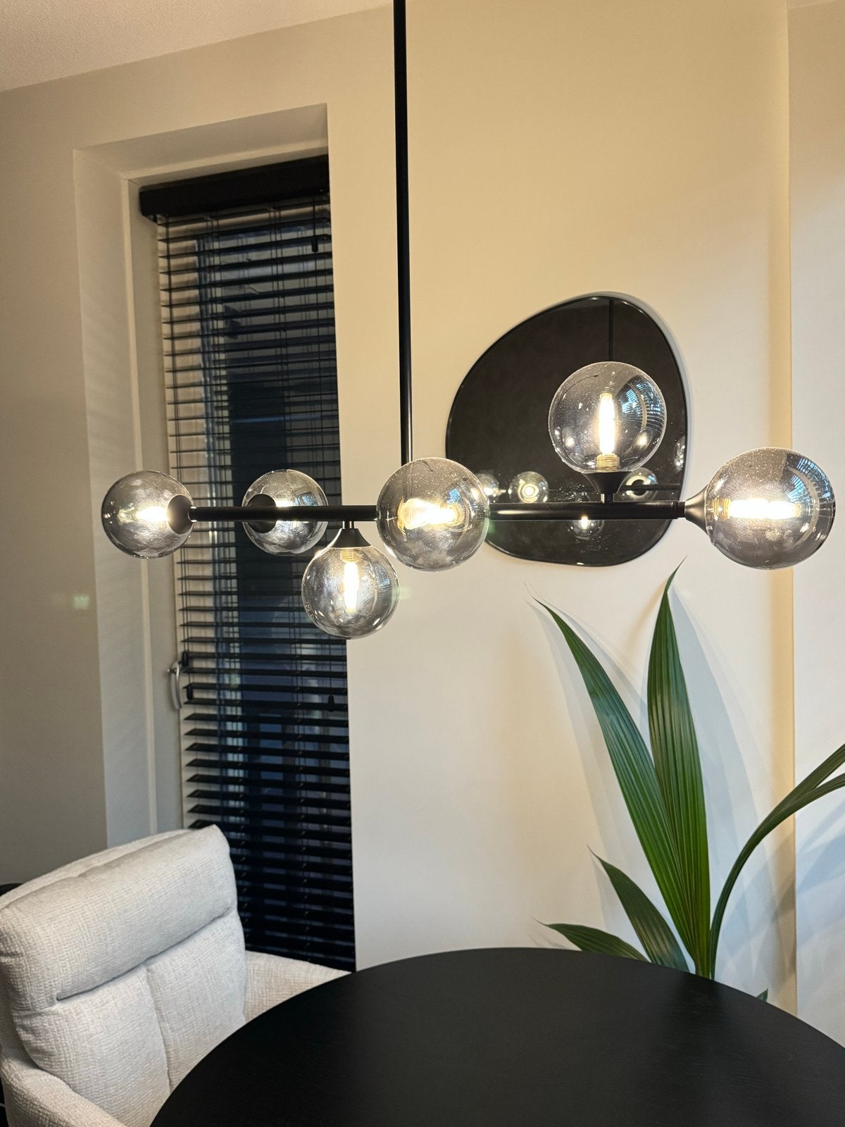 Design plafondlamp zwart met smoke glas 6-lichts, Huis en Inrichting, Ophalen, Zo goed als nieuw, Glas