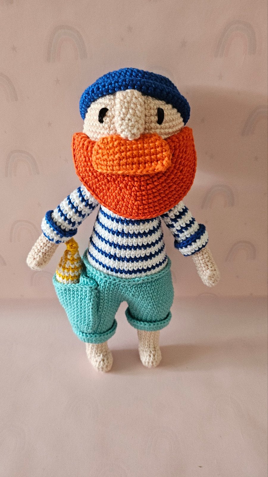 Gehaakte zeeman knuffel met baard en vis, Overige merken, Overige typen, Blauw, Ophalen of Verzenden