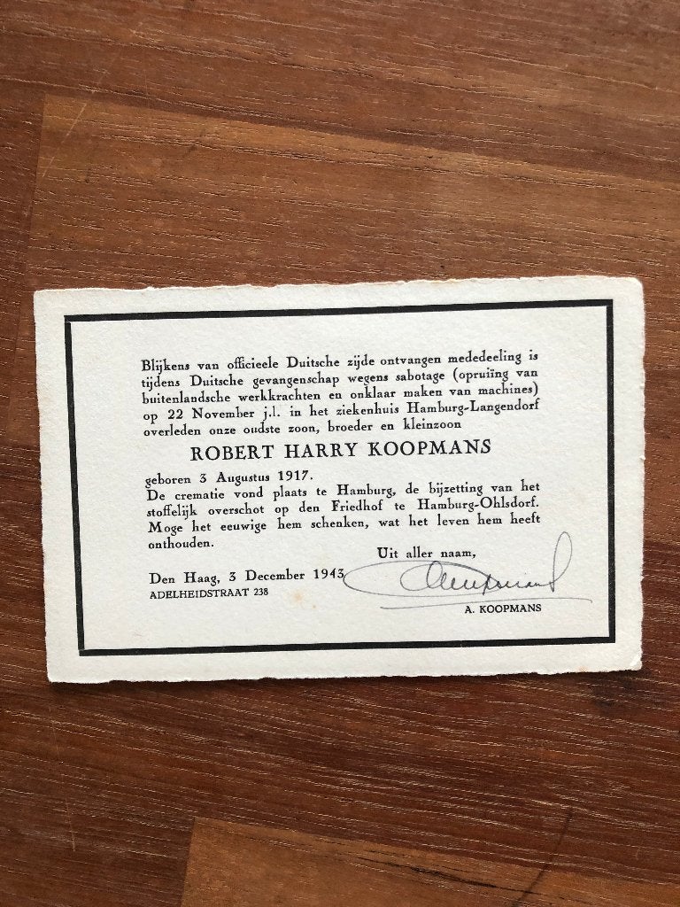 3-12-1943 Bijzondere rouwkaart. Op 17 november is Robert, Verzenden, Nederland, Boek of Tijdschrift