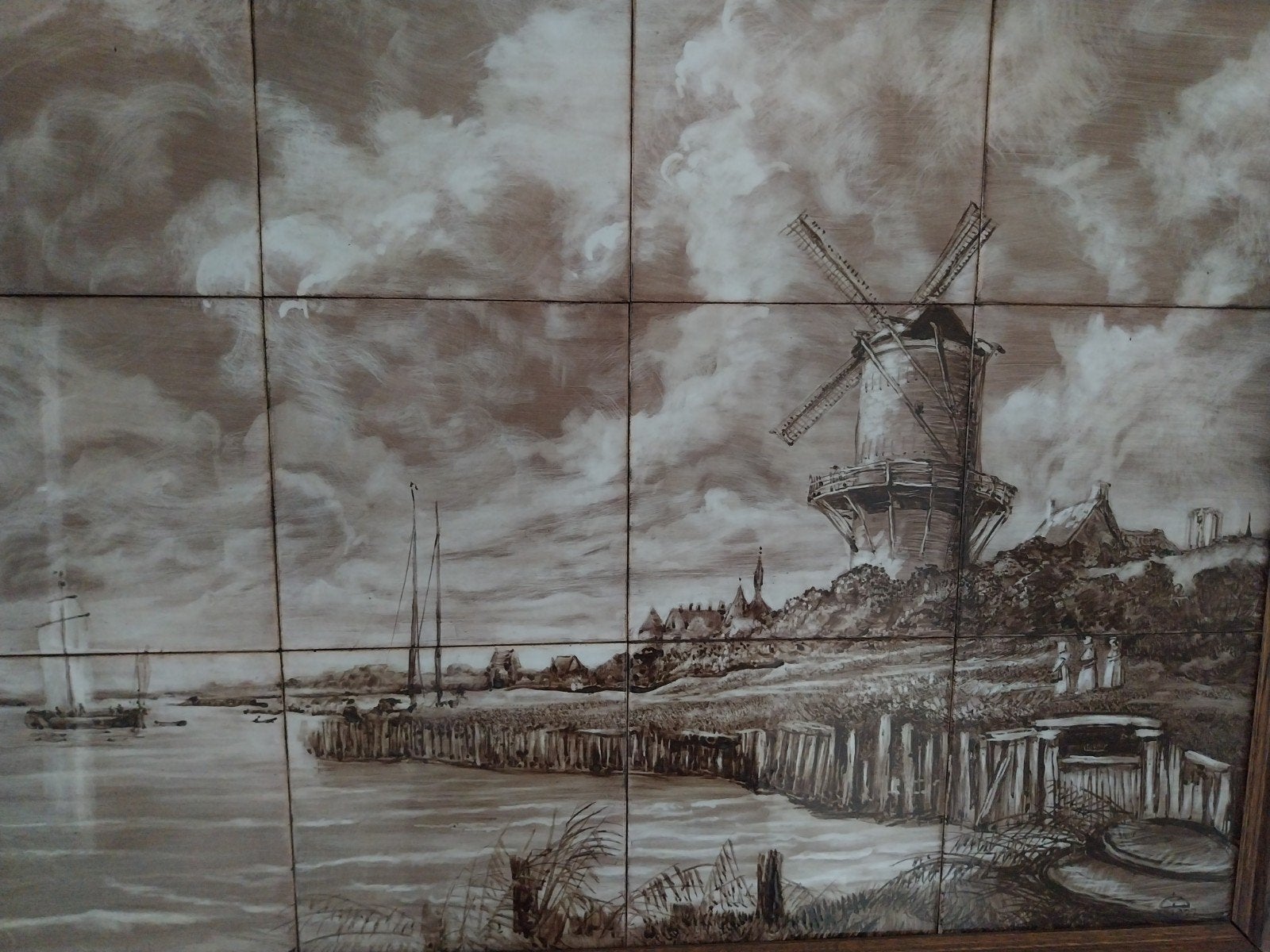 Antieke Nederlandse Tegeltableau met Molen en Landschap, Ophalen