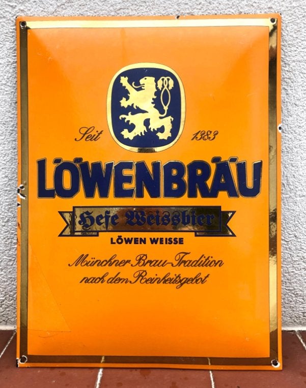 Vintage Löwenbräu Emaille Reclamebord - Hefe Weissbier, Ophalen of Verzenden, Gebruikt, Reclamebord, Plaat of Schild, Overige merken