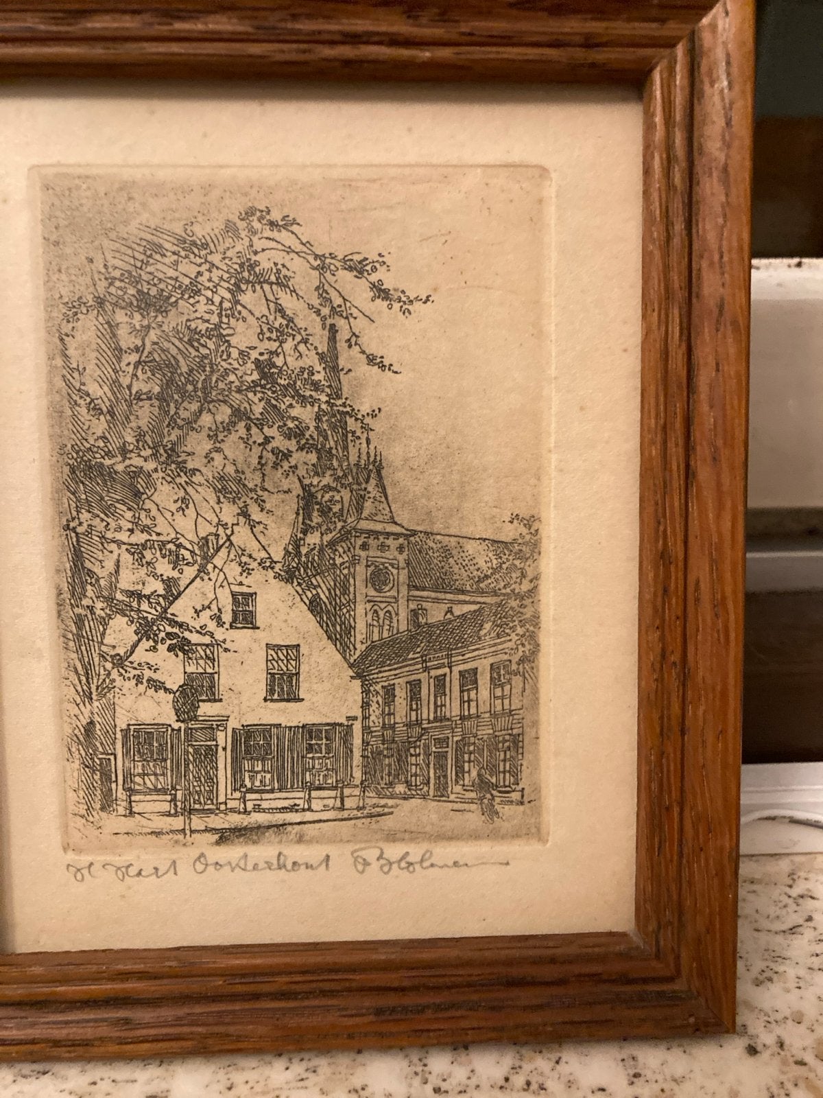 Oude ets  Heilig Hartkerk te Oosterhout. 1976, Stadsgezicht, Ophalen of Verzenden, Gesigneerd, 1950 - 1999