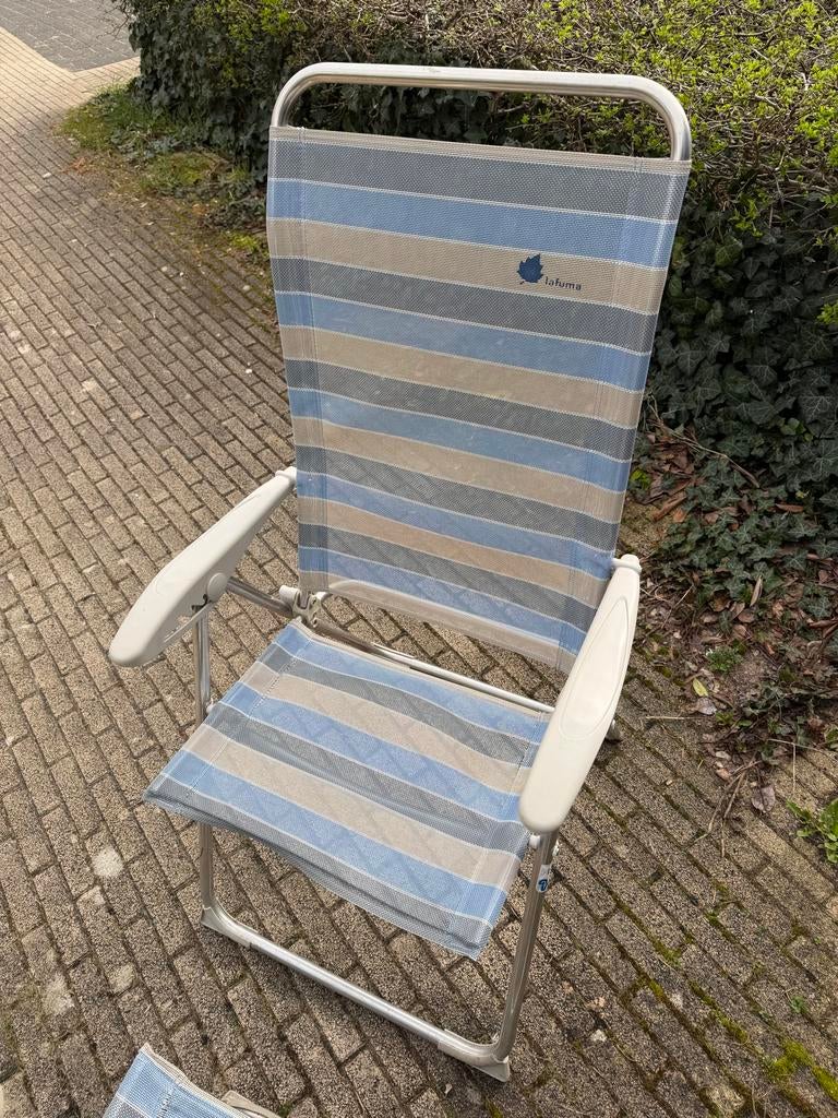 4 mooie Lafuma stoelen gebruikt grijs met frisse uiterlijk, Tuin en Terras, Ophalen of Verzenden, Gebruikt, Textileen, Inklapbaar