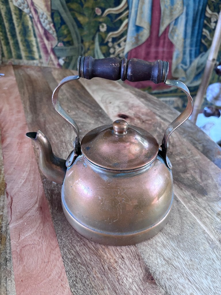 Vintage koperen waterketel / theeketel met houten handvat, Antiek en Kunst, Ophalen of Verzenden