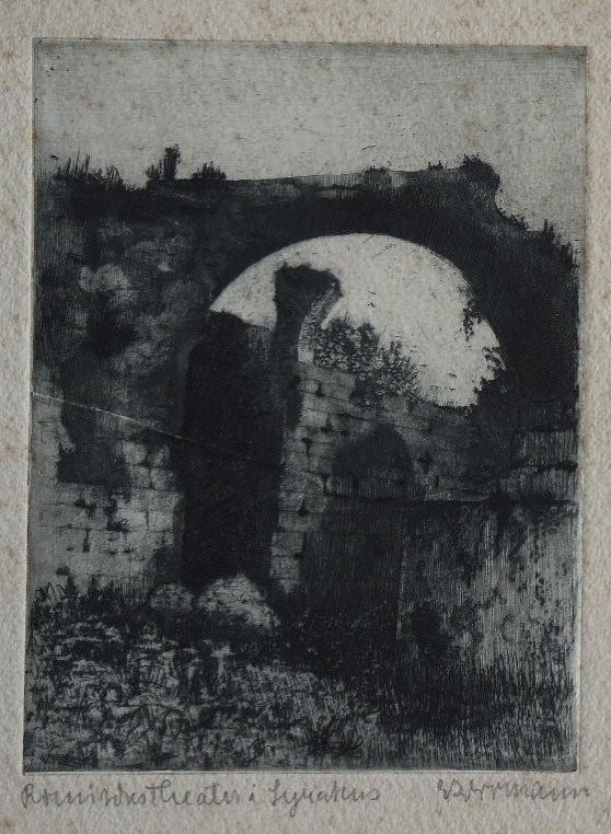 Emma Bormann ets "Römisches Theater a Syrakus",  gesigneerd, Ophalen, Origineel, Ets, Landschap