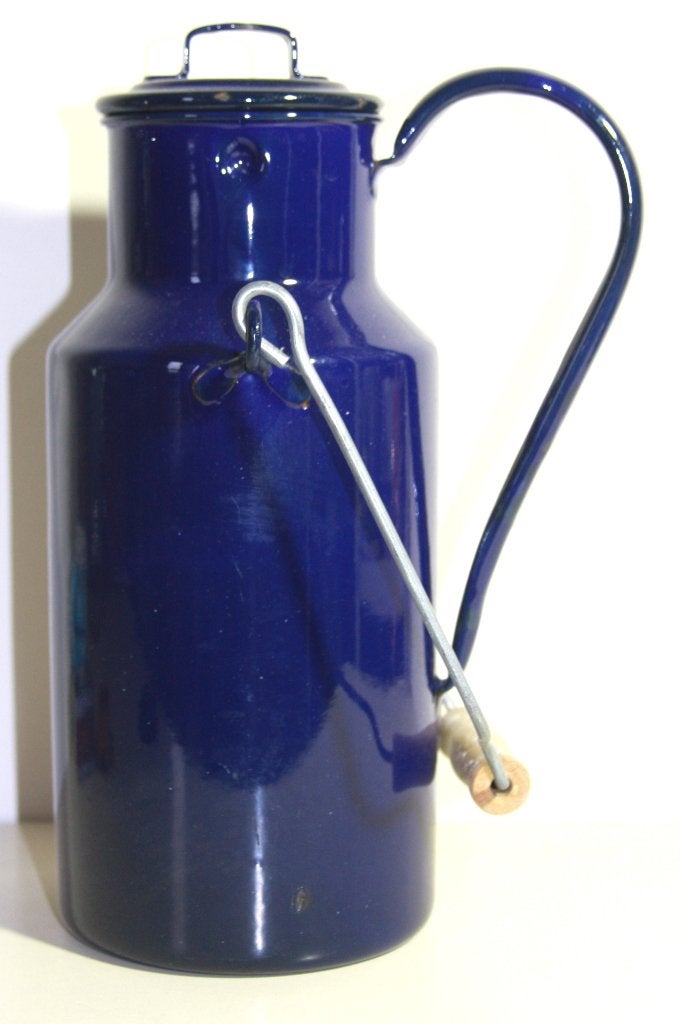 Vintage blauw emaille melkkan met hengsel en deksel, Antiek en Kunst, Ophalen of Verzenden
