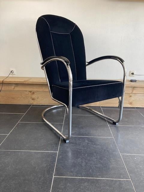 2 Gispen AA fauteuils, chroom, nieuwe zwarte ribstof, Design, 75 tot 100 cm, Zo goed als nieuw, Stof