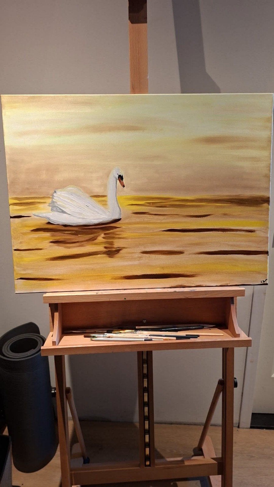 Prachtig olieverfschilderij Zwaan op water 55x75 cm, Antiek en Kunst, Kunst | Schilderijen | Modern, Dieren, Olieverf, Textiel