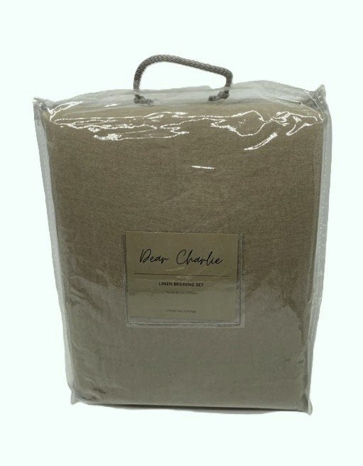 100% linnen dekbedovertrek 240x220 met slopen Khaki, Dekbedovertrek, Ophalen of Verzenden, Groen, Nieuw