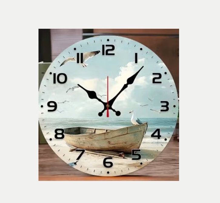 Ronde wandklok van hout Strand met boot (25cm), Ophalen of Verzenden, Nieuw, Wandklok
