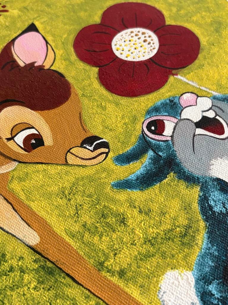 Schilderij Acrylverf op doek, 'Bambi & Stamper', 40x40cm, Ophalen of Verzenden