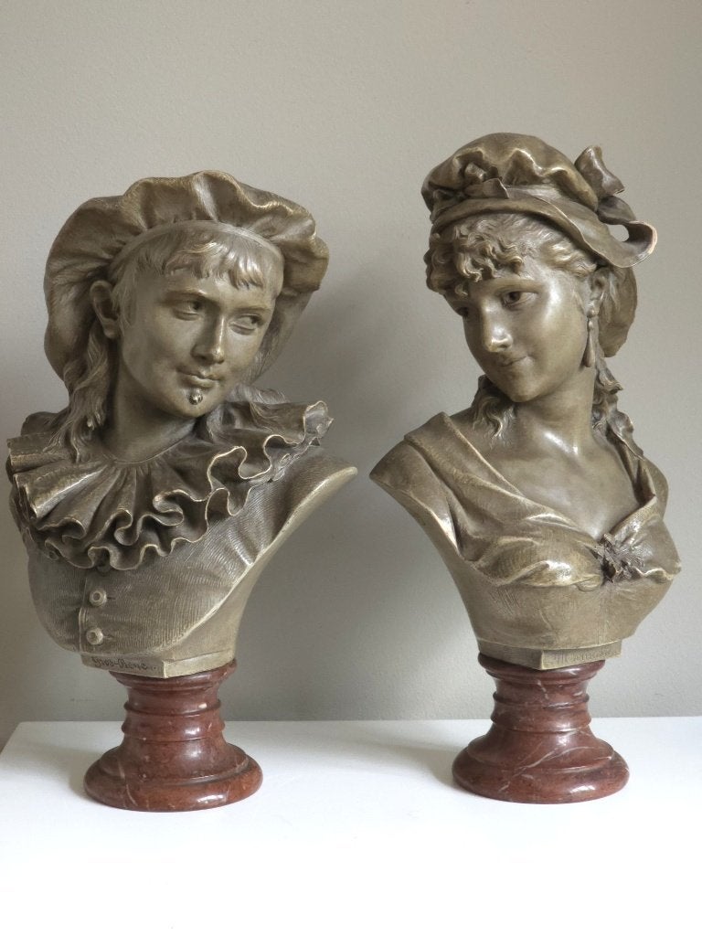 Antiek Koppel Terracotta Bustes Léopold Harzé (ca. 1880), Antiek en Kunst, Groep mensen, Beschilderd, Buste, Ophalen of Verzenden