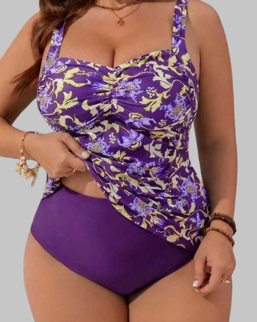 Paarse Tankini Set met Bloemenprint (44-52), Kleding | Dames, Grote Maten, Verzenden, Nieuw, Paars, Lingerie of Zwemkleding