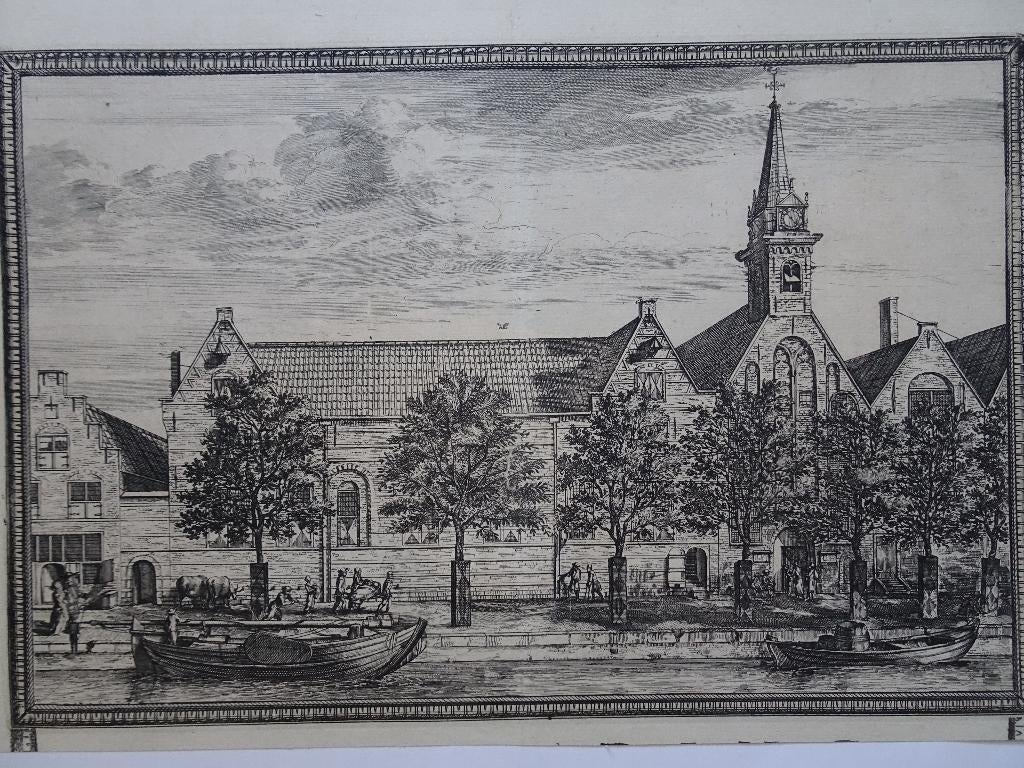 Gravure Oude gasthuis kerk Delft Koornmarkt, C. Decker 1703, Antiek en Kunst, Verzenden