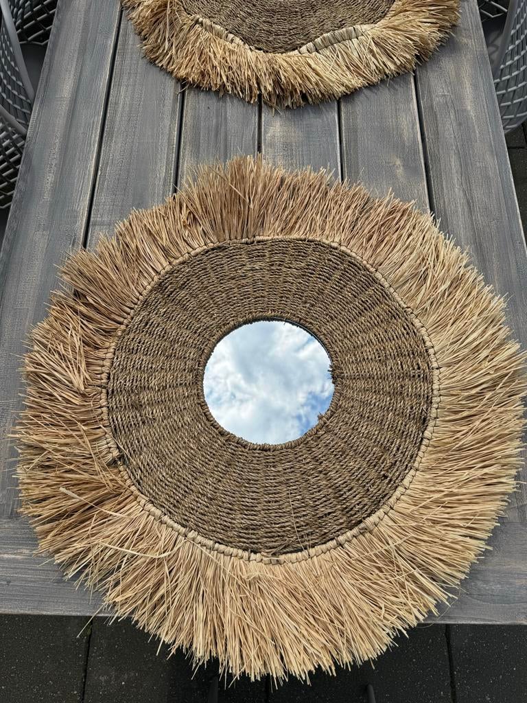 spiegel met zeegras en raffia,  80 cm, Huis en Inrichting, Woonaccessoires | Spiegels, Rond, Ophalen of Verzenden, Zo goed als nieuw