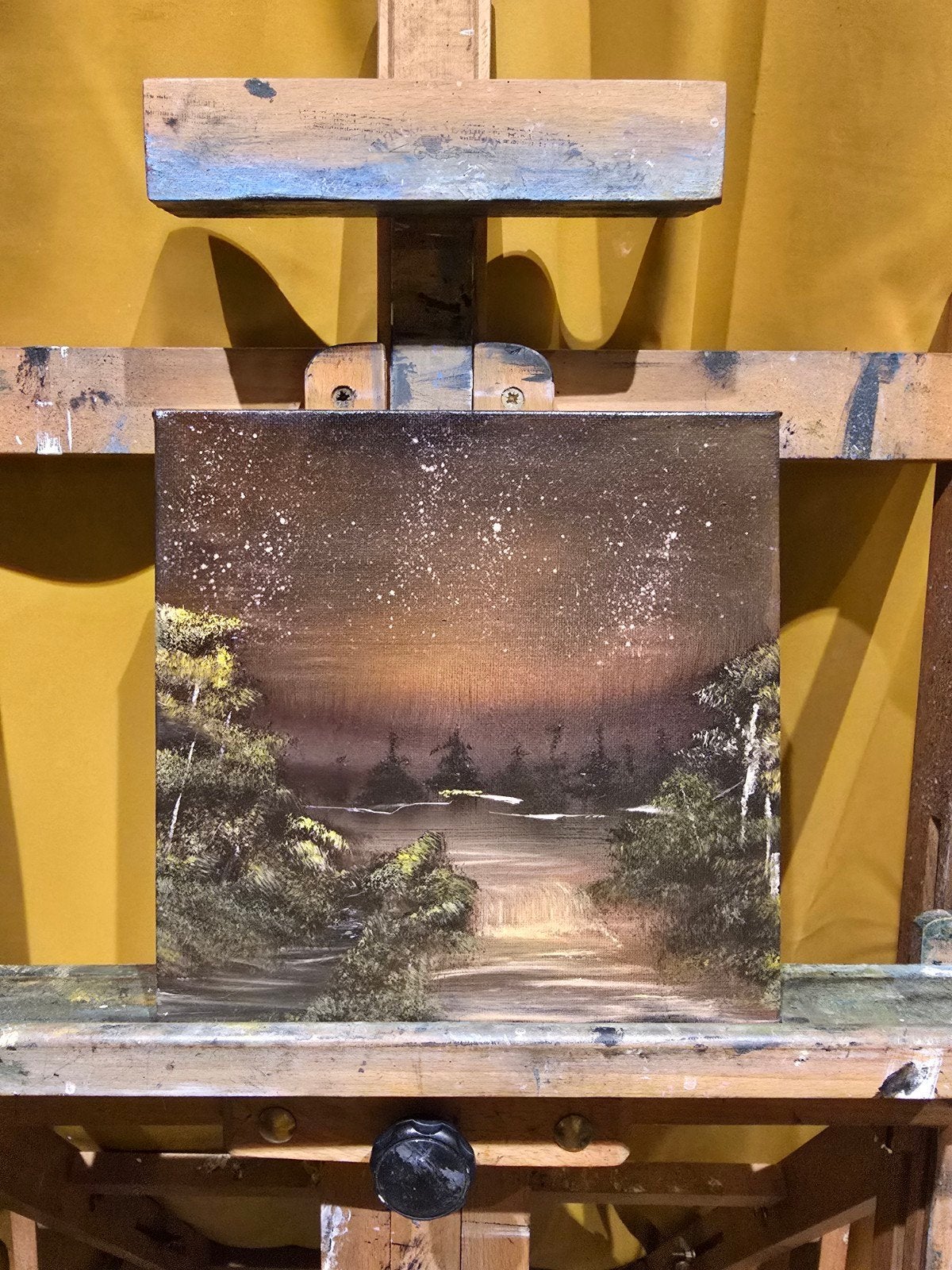 Schilderij: Mysterieus Boslandschap onder Sterrenhemel, Ophalen, Doek, Realistisch, Landschap