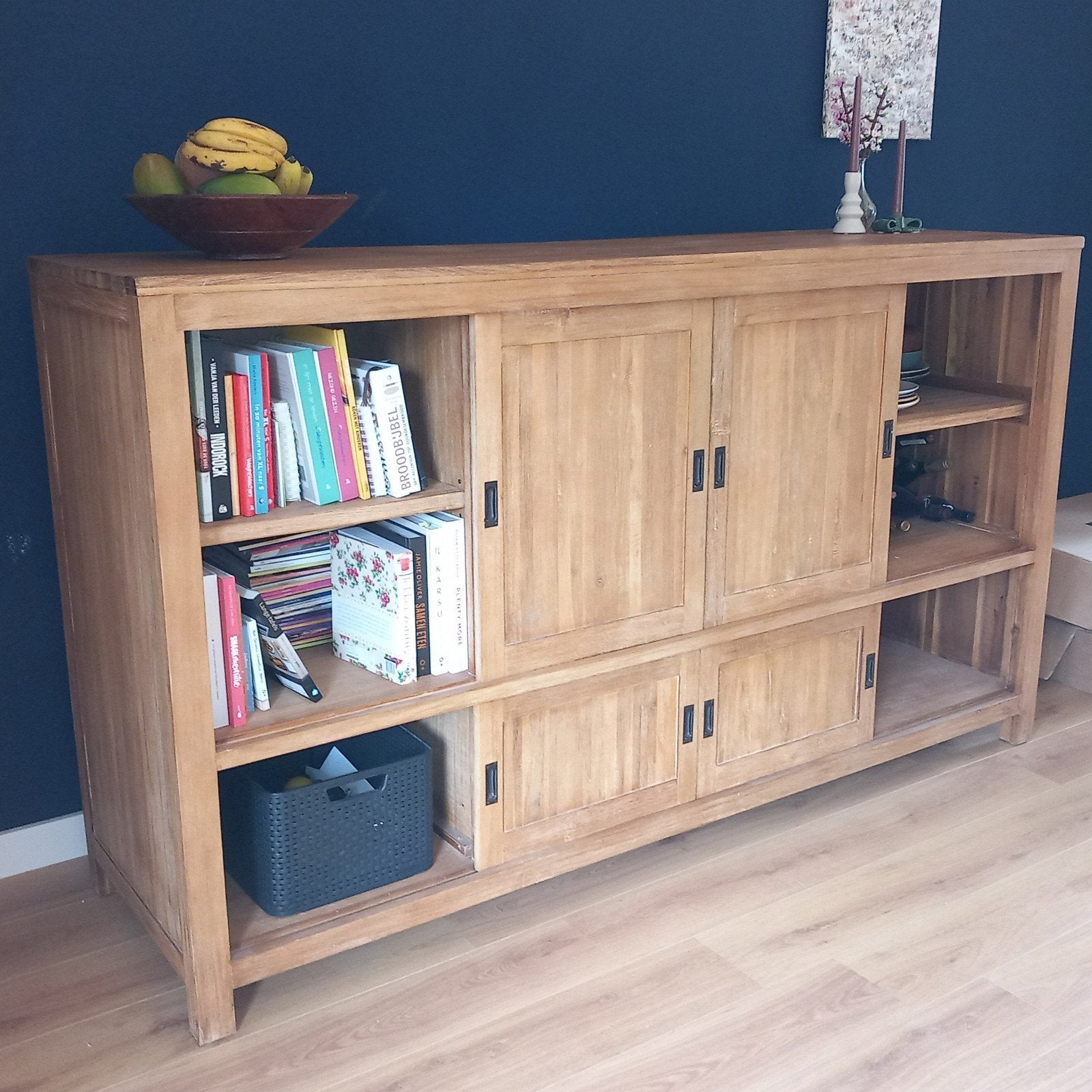 Dressoir met schuifdeuren en planken, Ophalen, Teakhout, 200 cm of meer, Modern, Landelijk