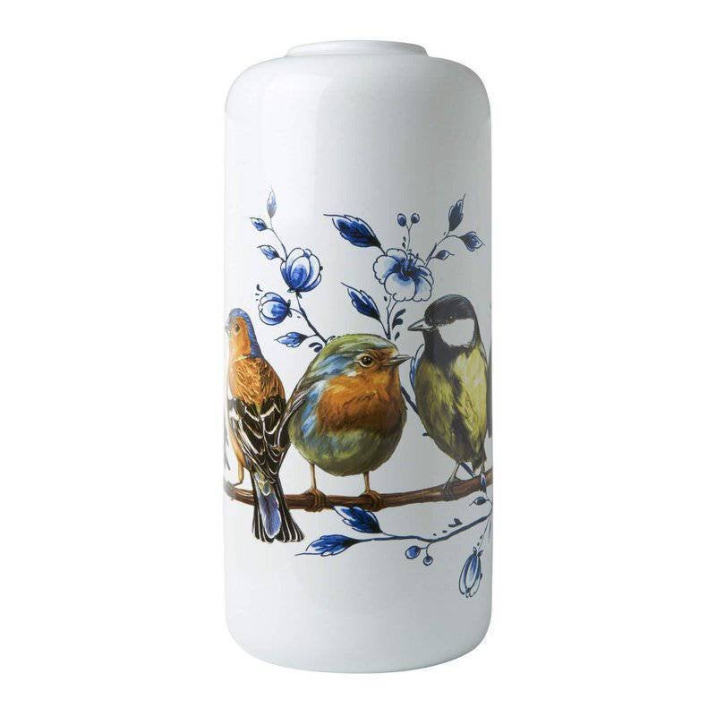 Heinen Delfts Blauw Cilinder vaas Bosvogels 31 cm, 31 cm, Nieuw, Ophalen of Verzenden, Steen/keramiek